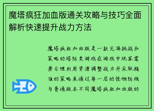 魔塔疯狂加血版通关攻略与技巧全面解析快速提升战力方法